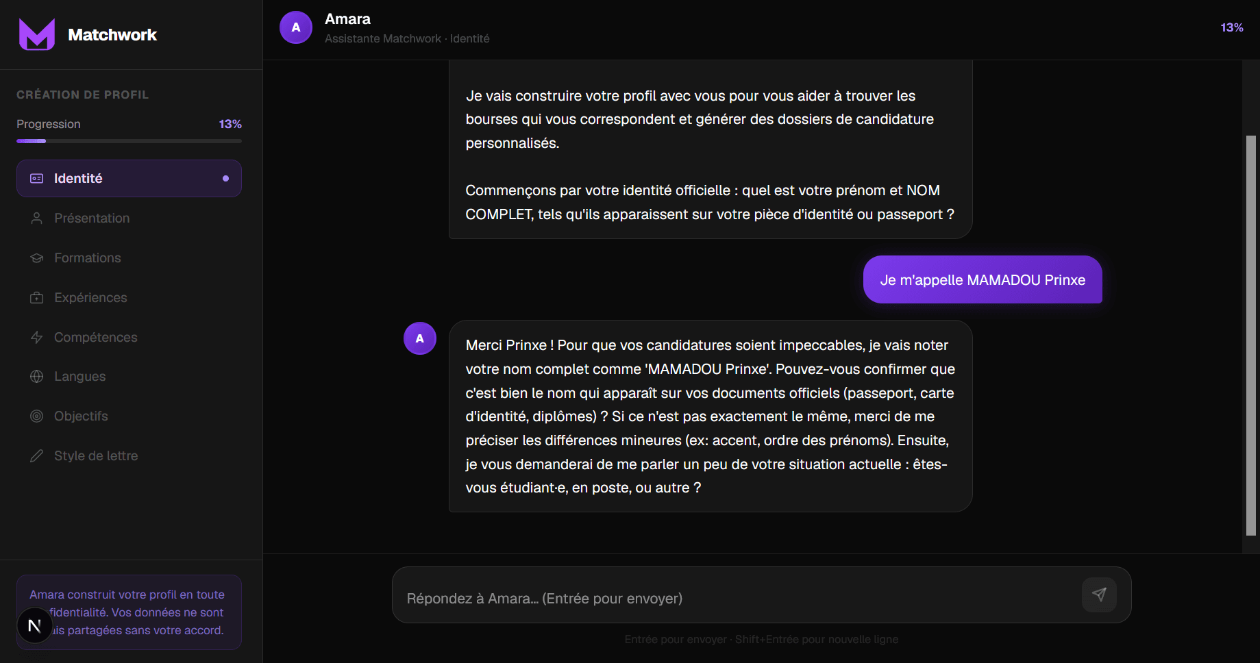 Création de profil avec Blessing, l'assistante IA